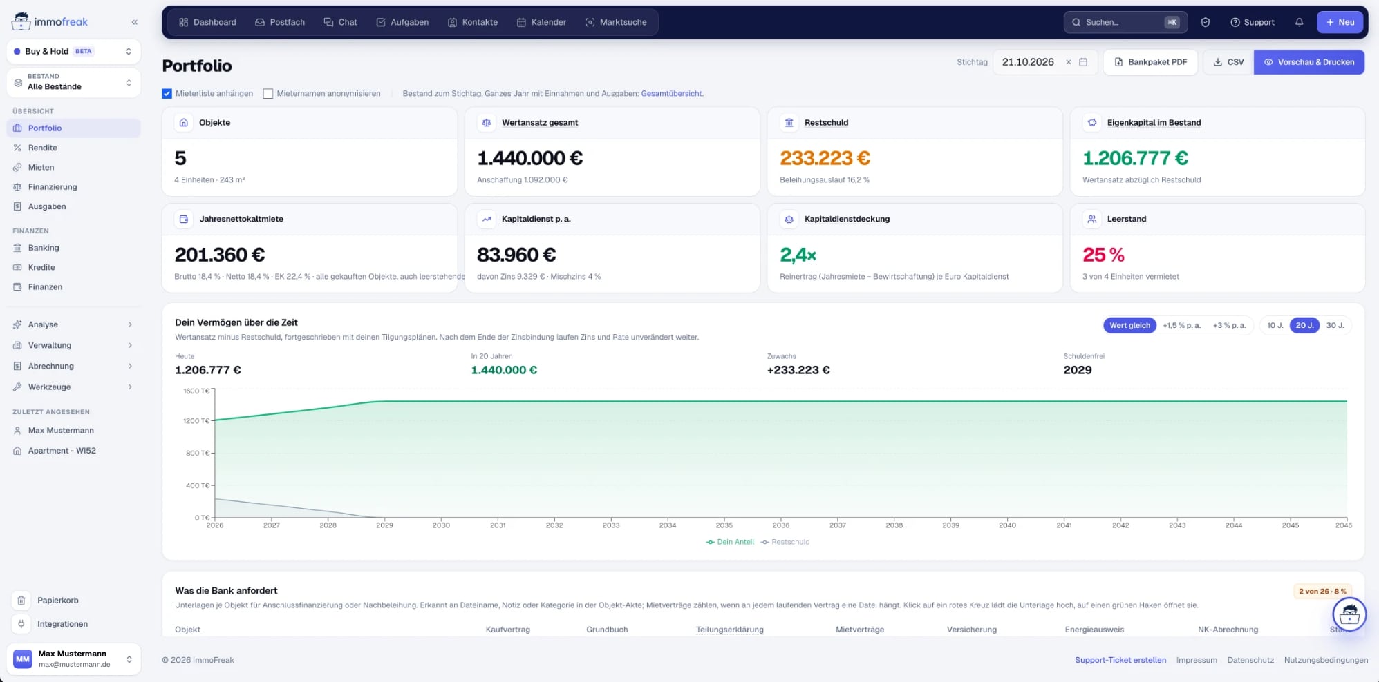 Portfolio in ImmoFreak mit Kennzahlen, Vermögensentwicklung und Unterlagen für die Bank